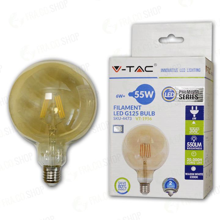 LAMPADINA LED - 6W FILAMENT  E27 G125 AMBER BIANCO CALDO                                                                                