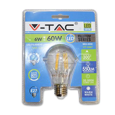 LAMPADINA LED FILAMENTO 6W E27 A60 BIANCO CALDO BLISTER PACCO 3000K                                                                     