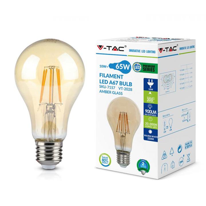 LAMPADINA LED - 10W FILAMENTO E27 A67 AMBRA BIANCO CALDO 2200K                                                          