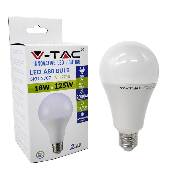 V-TAC VT-2218 2707 Lampadina LED E27 18W A80 Plastica Sfera SMD Luce Calda 3000k